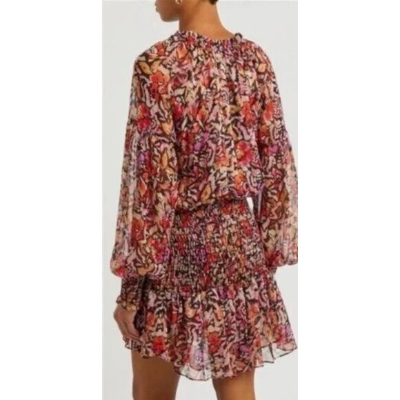 Misa Celina Red Fire Flora Sheer Long Sleeve Smocked Mini Dress NEW Medium - Picture 2 of 14